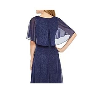 Women's sz16 J Taylor Sparkle Navy Blue Maxi‎ Dress Gown Cape Overlay Reception